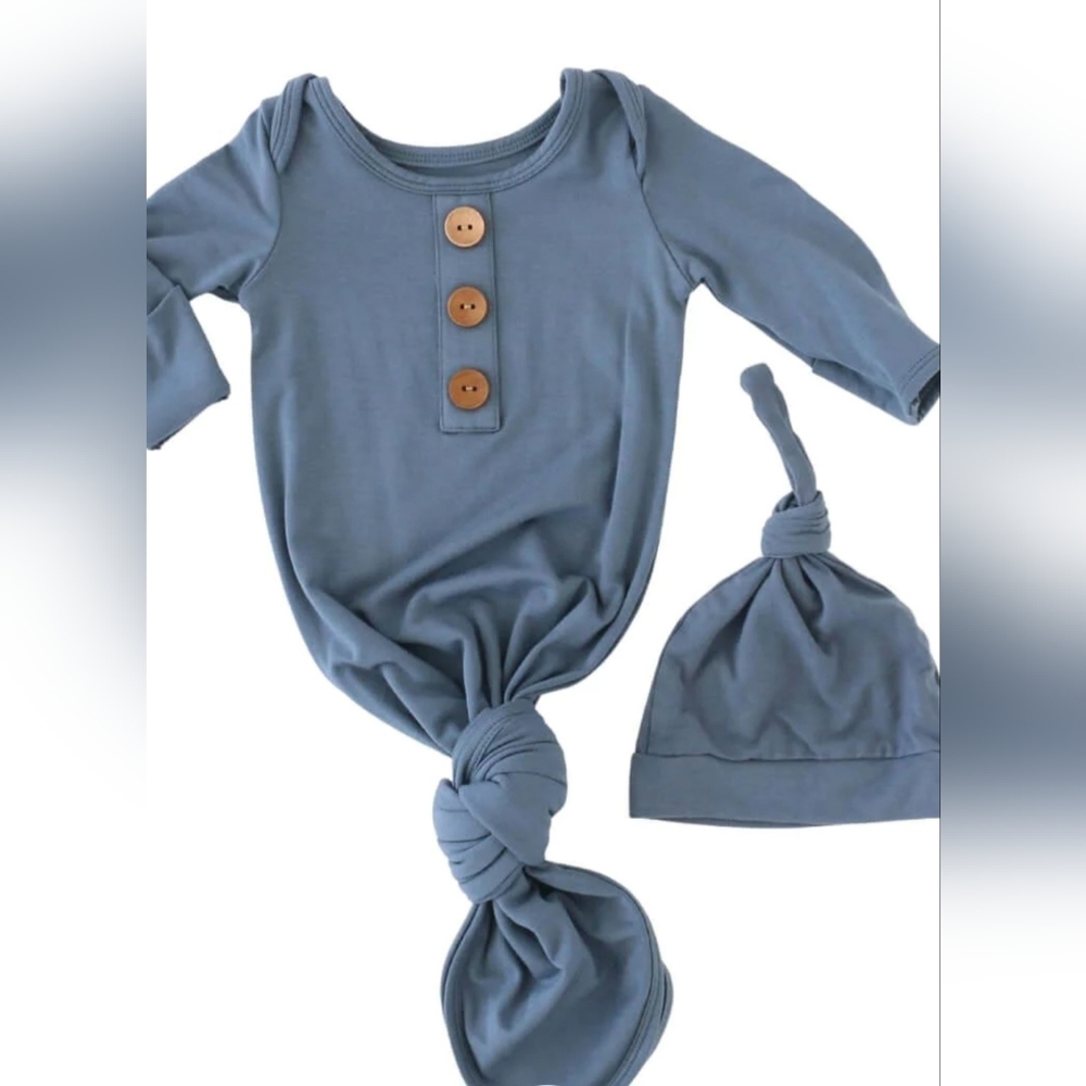 Caden Lane Solid Dusty Blue Bamboo Baby Knotted Gown & Hat